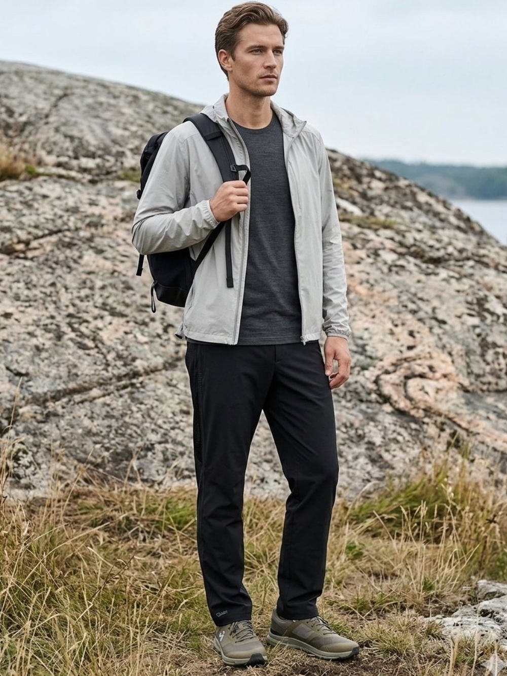 QOR men’s black performance pull on tapered straight leg hiking outdoors pants S